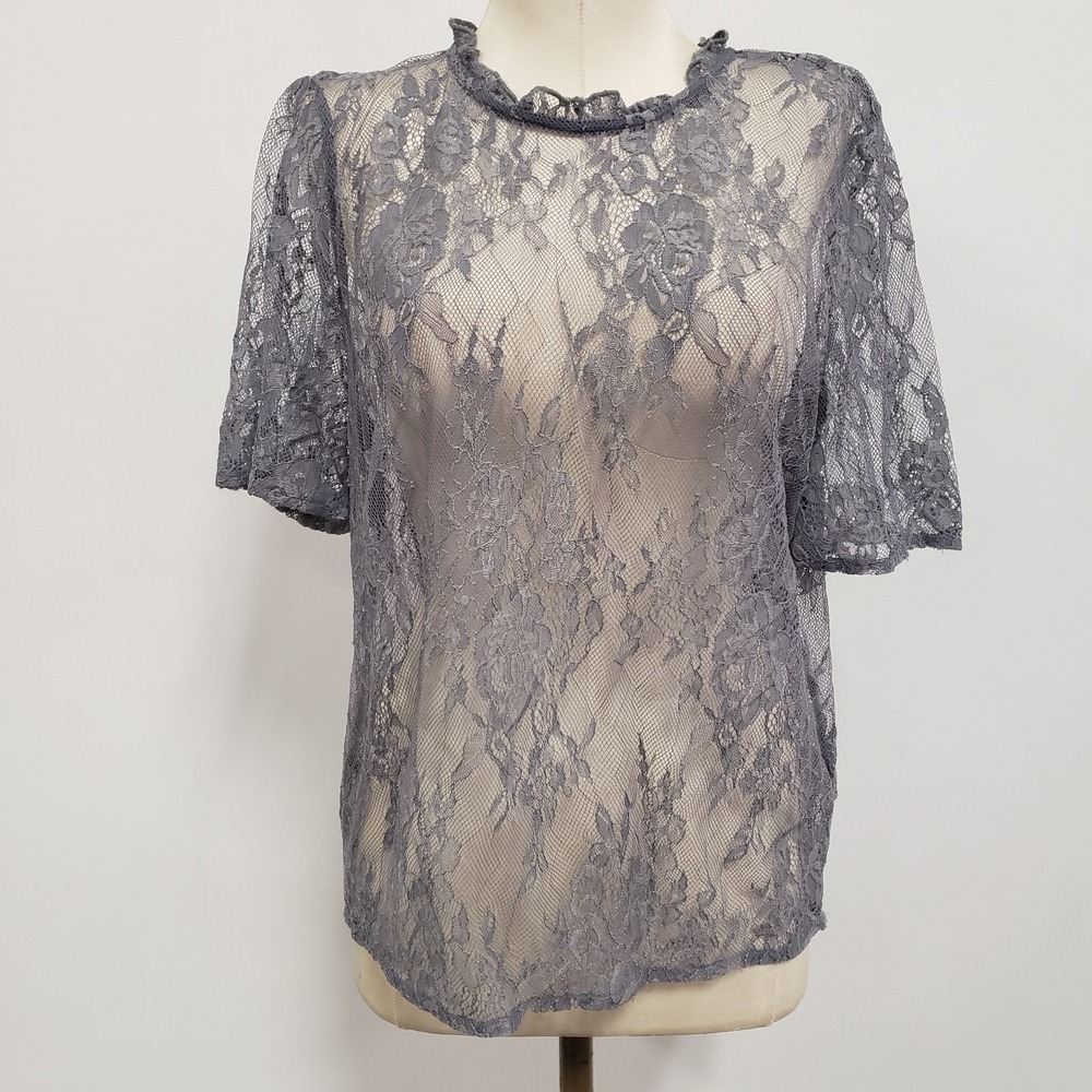American Eagle Womens Fairy Grunge Romantic Lace Top Size‎ L Gray Sheer Goth